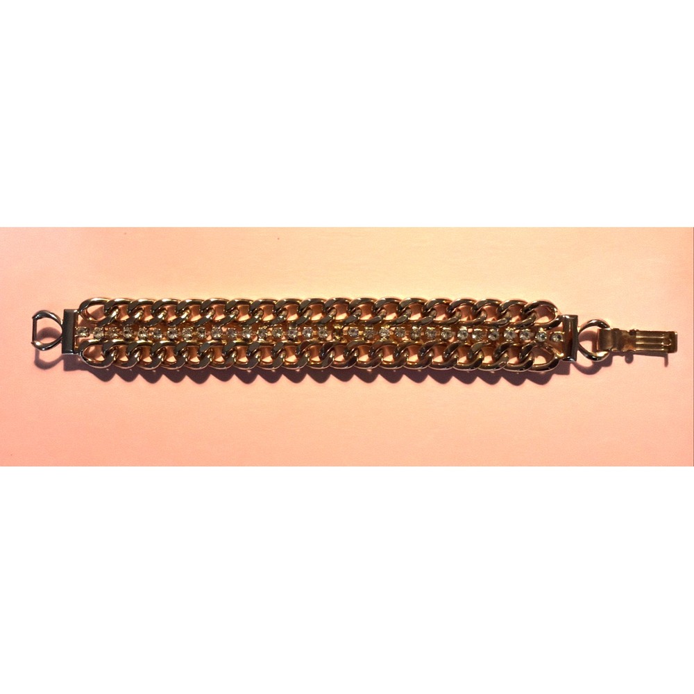 Vintage 7" Gold Tone Wide Chunky Chain Link Fashion Bracelet with Rhinestones